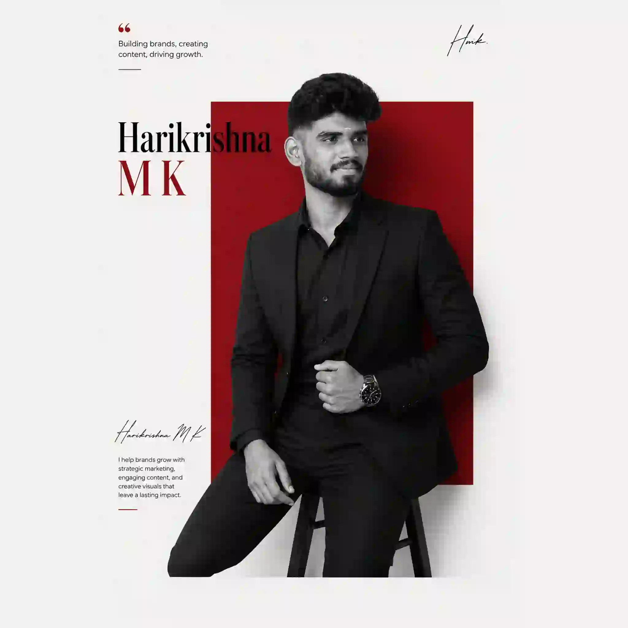 Harikrishna M K, the best digital marketer in Palakkad, confidently sitting in a black suit with a modern editorial portrait, representing expertise in SEO, branding, website design, graphic design, video production, and digital marketing.